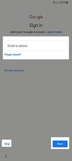 Google sign-in screen