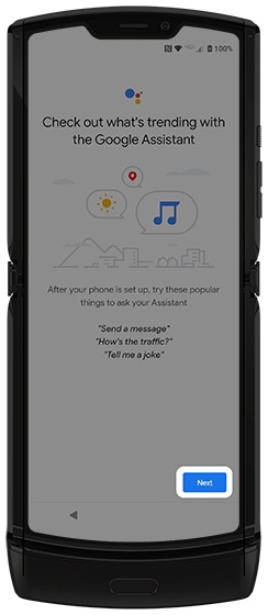 Google Assistant screen with emphasis on Next button