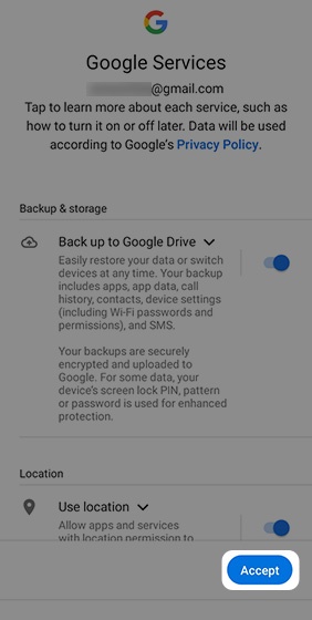 Google Services screen