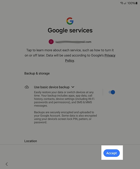 Google Services screen