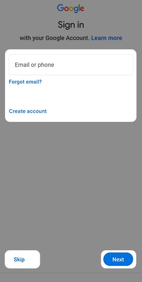 Google sign-in screen