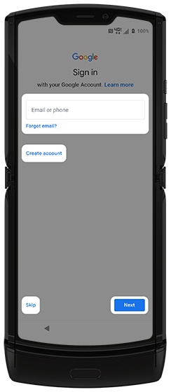 Google Sign in screen with emphasis on user info fields, Skip and Next options