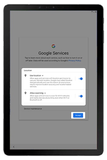 Google Services and permissions screen