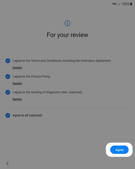 Terms and Conditions screen