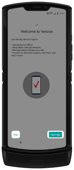Welcome to Verizon screen with emphasis on Skip and Open App options