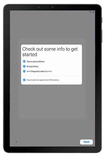 Terms and Conditions, Privacy Policy and Send Diagnostic data permission screen