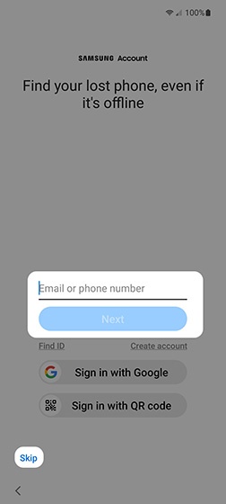 Samsung Account screen