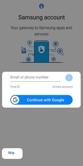Samsung Account screen