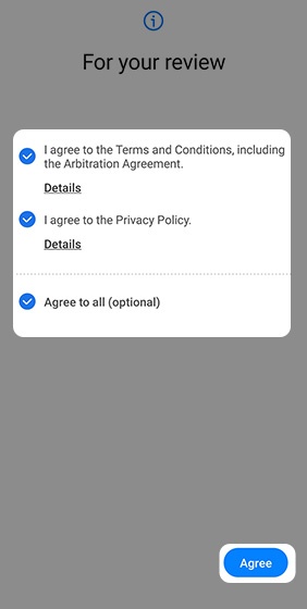 Terms and Conditions screen