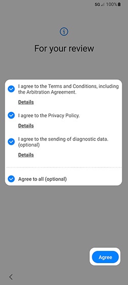 Terms and Conditions screen