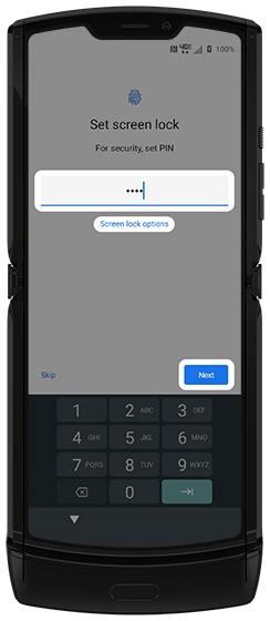 Screen lock prompt with emphasis on PIN field, Screen lock options and Next button