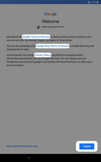 Google terms & conditions screen