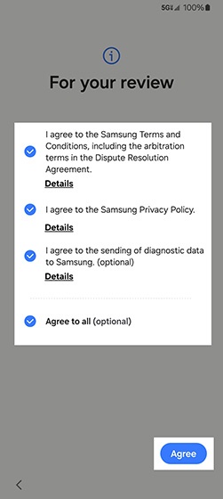 Terms and Conditions screen