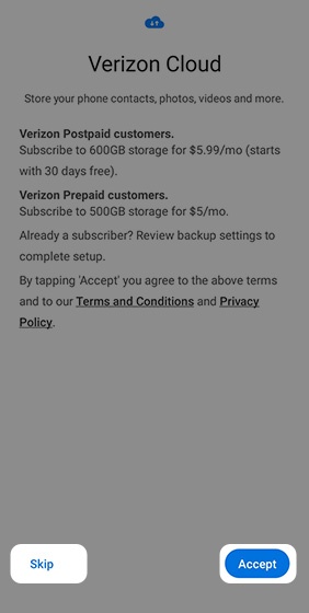 Verizon Cloud screen