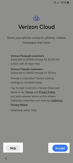 Verizon Cloud screen