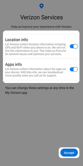 Verizon Services screen