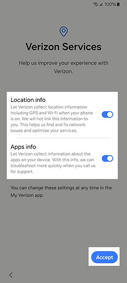 Verizon Services screen