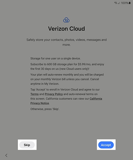 Verizon Cloud screen