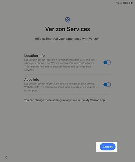 Verizon Services screen