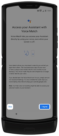 Voice Match screen with emphasis on I Agree and Skip options
