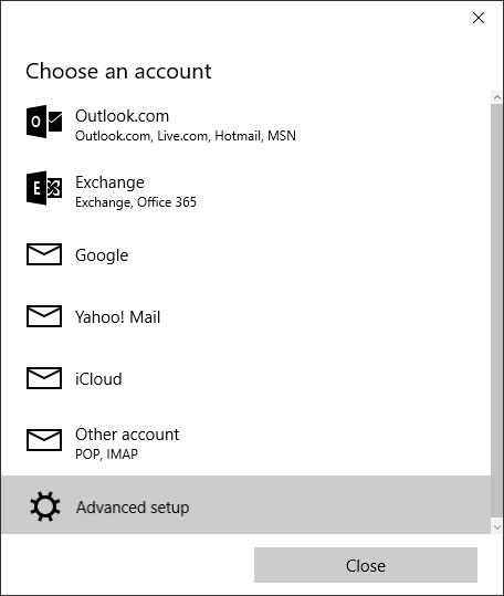 Choose an account screen with Advanced setup