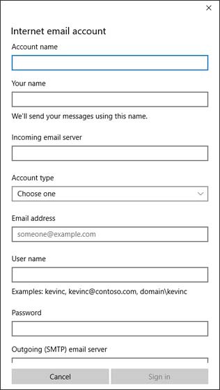 Internet email account screen with available fields