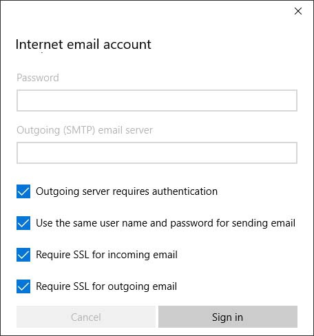Internet email account screen with selectable options