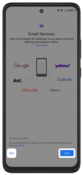 Email services screen