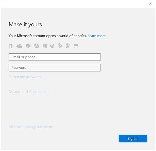 Sign in screen with available fields