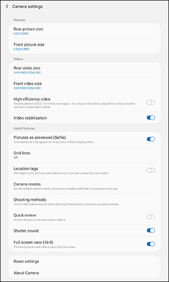 Additional camera settings screen