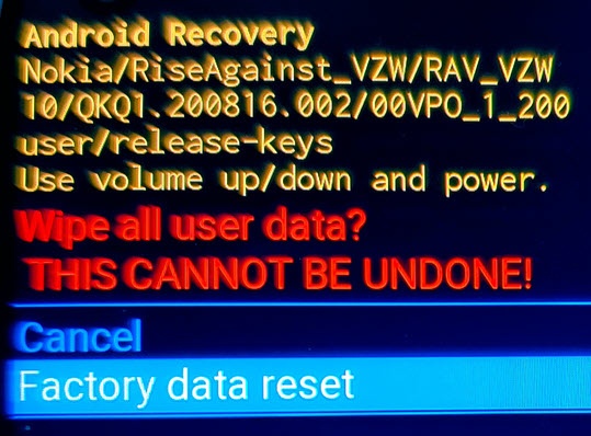 Android Recovery Factory Data Reset screen