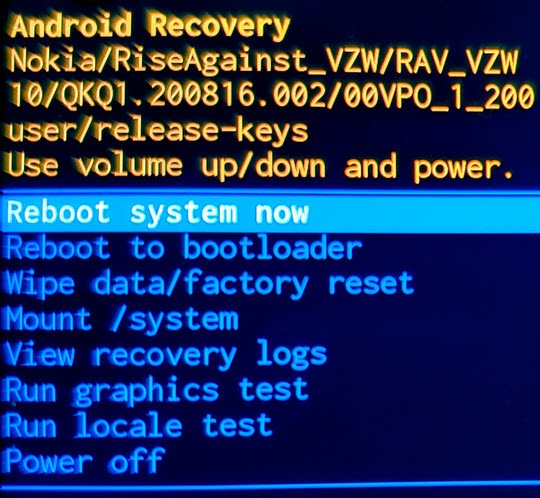 Android Recovery Reboot now screen