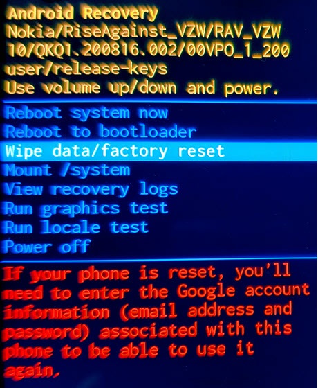 Android Recovery Wipe Data screen