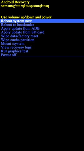 Android system recovery screen with reboot system now
