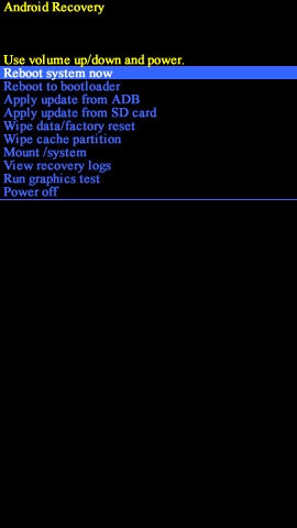 Android recovery screen with reboot system now