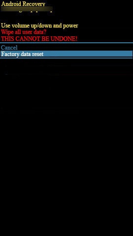 Android system recovery screen with Factory data reset highlighted