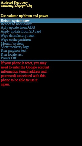 Android system recovery screen with reboot system now