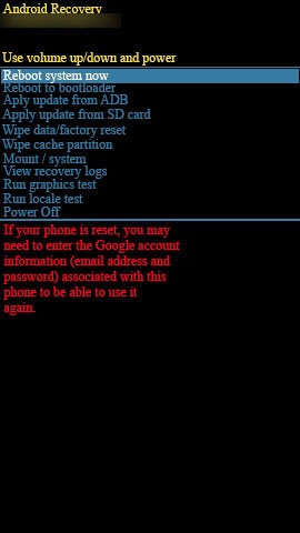 Android system recovery screen with reboot system now