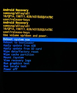 Android system recovery screen with reboot system now