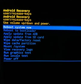 Android system recovery screen with reboot system now