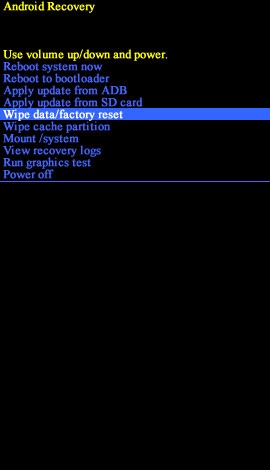 Android recovery screen with Wipe data/factory reset