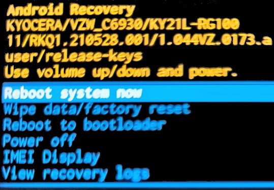 Android system recovery screen with reboot system now