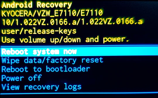 Android system recovery screen with reboot system now