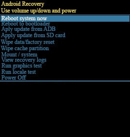 Android recovery screen with reboot system now