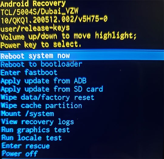 Android system recovery screen