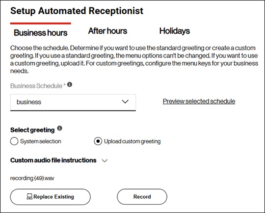 Automated Receptionist Business Hours tab