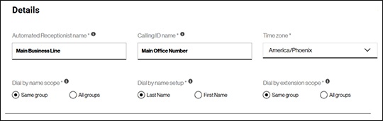 Submenu Details section with text boxes and radio buttons