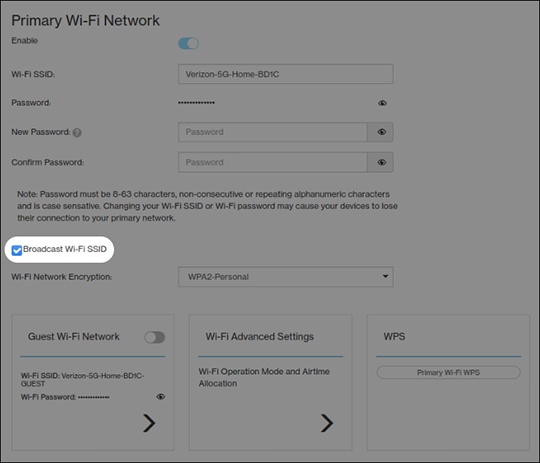 Verizon 5G Internet Gateway (LVSKIHP) - Configure Broadcast Settings