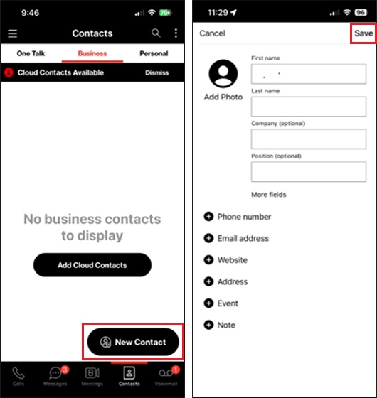 Business contacts list showing new contact creation process