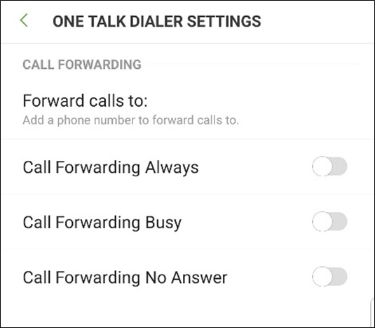 One Talk dialer settings menu 